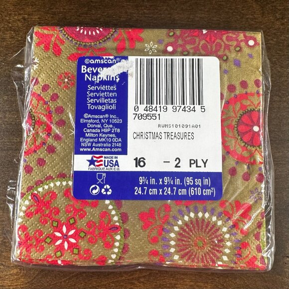 Amscan Beverage Napkins (16) - Christmas Treasures - Red & Gold - 9 3/4" Square - Picture 2 of 2